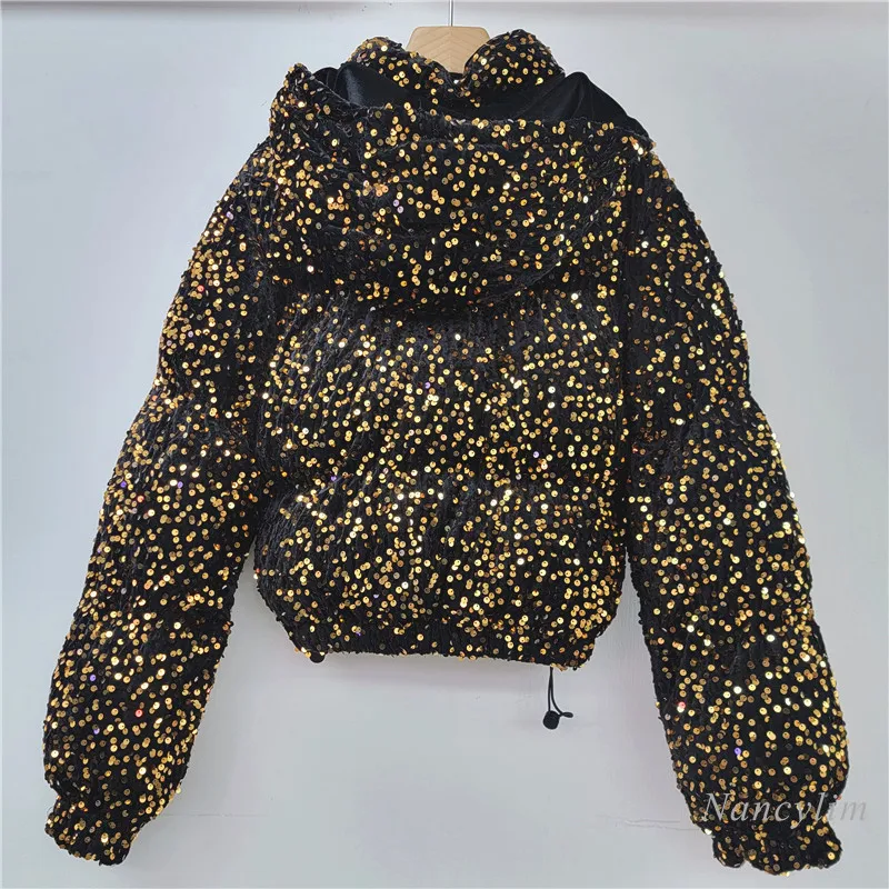 Niche Design New Gold Sequins Thickened Bread Coat Women's Winter Short Cotton Jacket Hooded Parka