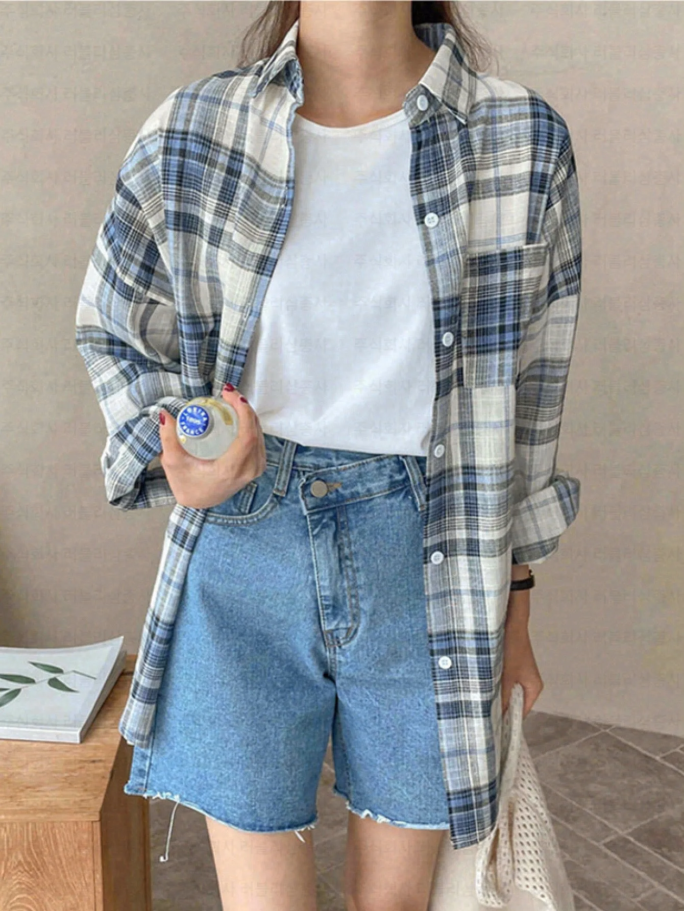 Are Sun Protection Women's Blue Plaid Shirt Boyfriend Loose Early Autumn Long Sleeve Mid-Length Cotton Linen Retro Office Wear Daily One Size