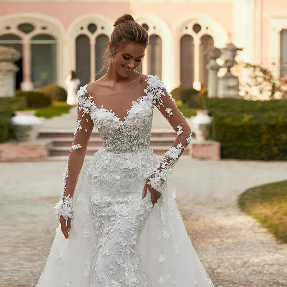 Beads Sequins Appliques Lace 3D Flowers Long Sleeve 2 Pieces Mermaid Wedding Dress With Detachable Train Vestido De Noiva Sereia