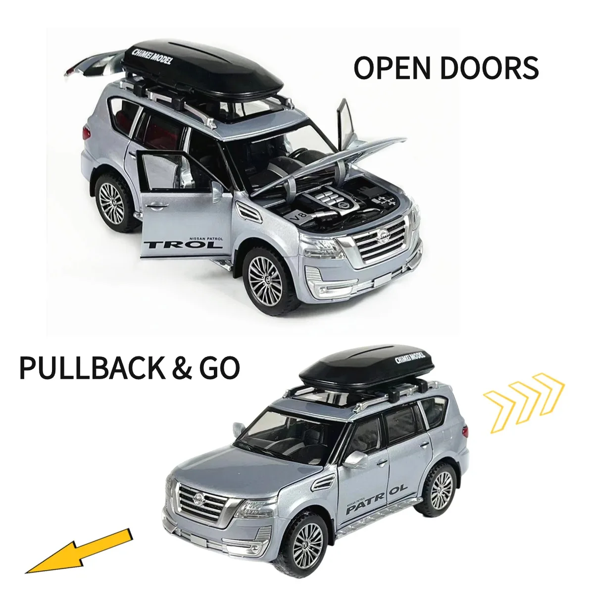 1:32 Nissan Patrol Pullback Autos pielzeug mit Lichtern Motor Sound, Skala Druckguss Auto Modell Replik Kid Boy spielen Geschenk