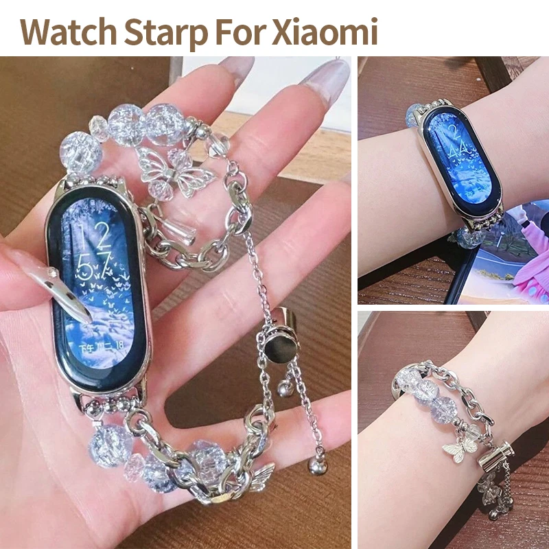 Modisches Kristall-Schmetterling-Perlenarmband für XIAOMi Band 10 9 8 NFC Metall-Gliederarmband für Redmi Watch 4 5 6 Damen Smartwatch-Armband