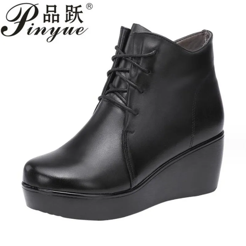 6cm Women\'s Ankle Boots Winter Leather Short Plush Warm Boots for Woman Platform Shoes Ladies Hidden Heel Ankle Boot Shoes 32 43