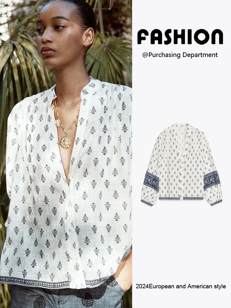 

Spring New Arrival Women's Casual Print irt Puffy Sve V-Ne Long Sve Other 00% Material Versatile Sli Top