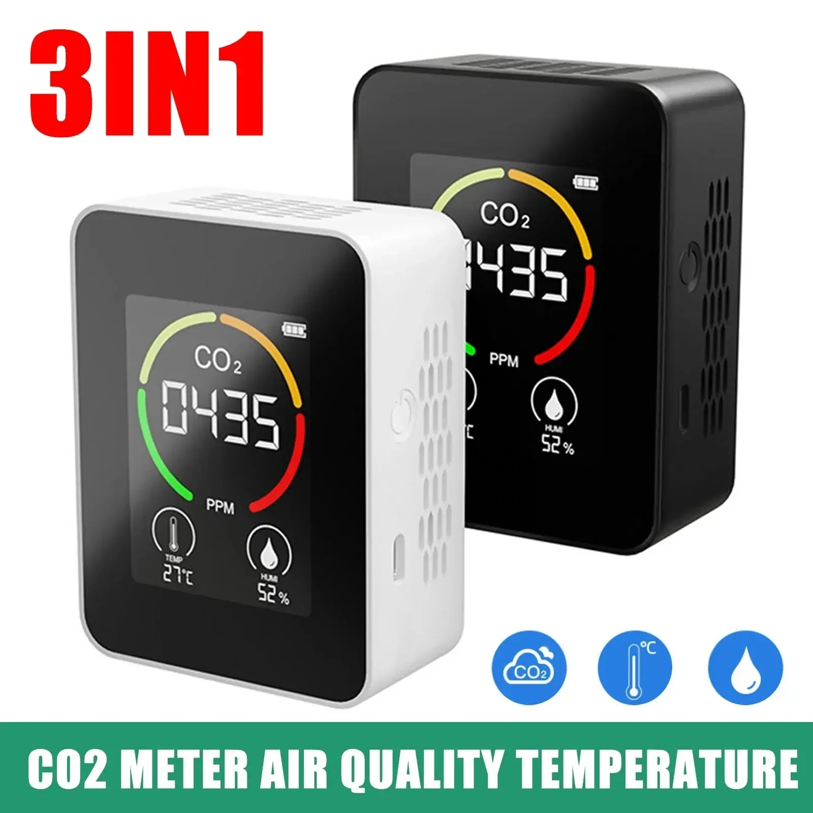 3 In 1 CO2 Meter Air Quality Temperature Carbon Dioxide LCD Detector Automatic Calibration 400-5000PPM PPM Air Quality Monitor