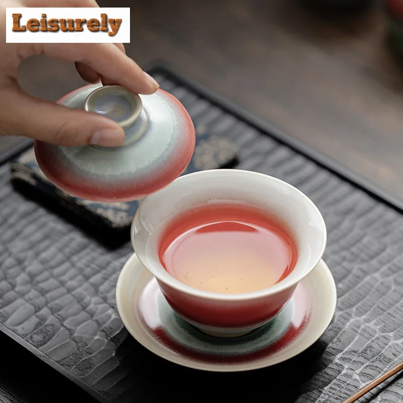 150ml Aurora Kiln Change Gaiwan Creative Red Green Glaze Sopera Cup Saucer Tea Tureen Tea Brewing Cover Bowl Cha Supplies Craft view 2