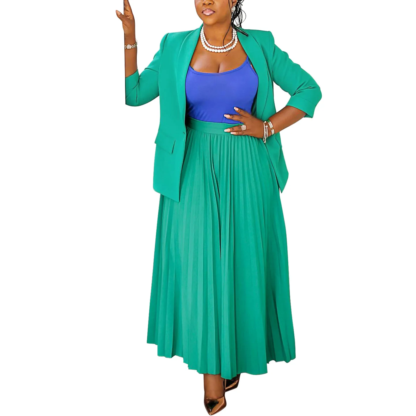 Plus Size Clothing Fashion Women Pleated Skirt Set Two Piece Suit Office Lady Party Casual Jacket and Skirt