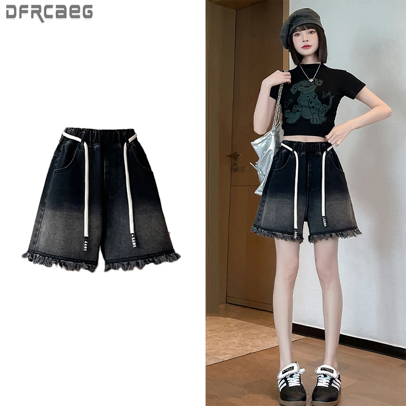 

M-6XL Большие размеры Джинсовые шорты для женщин Лето 2025 Новое поступление Высокая эластичная талия Широкие брюки Джинсовые брюки заусенцы Свободные короткие джинсы