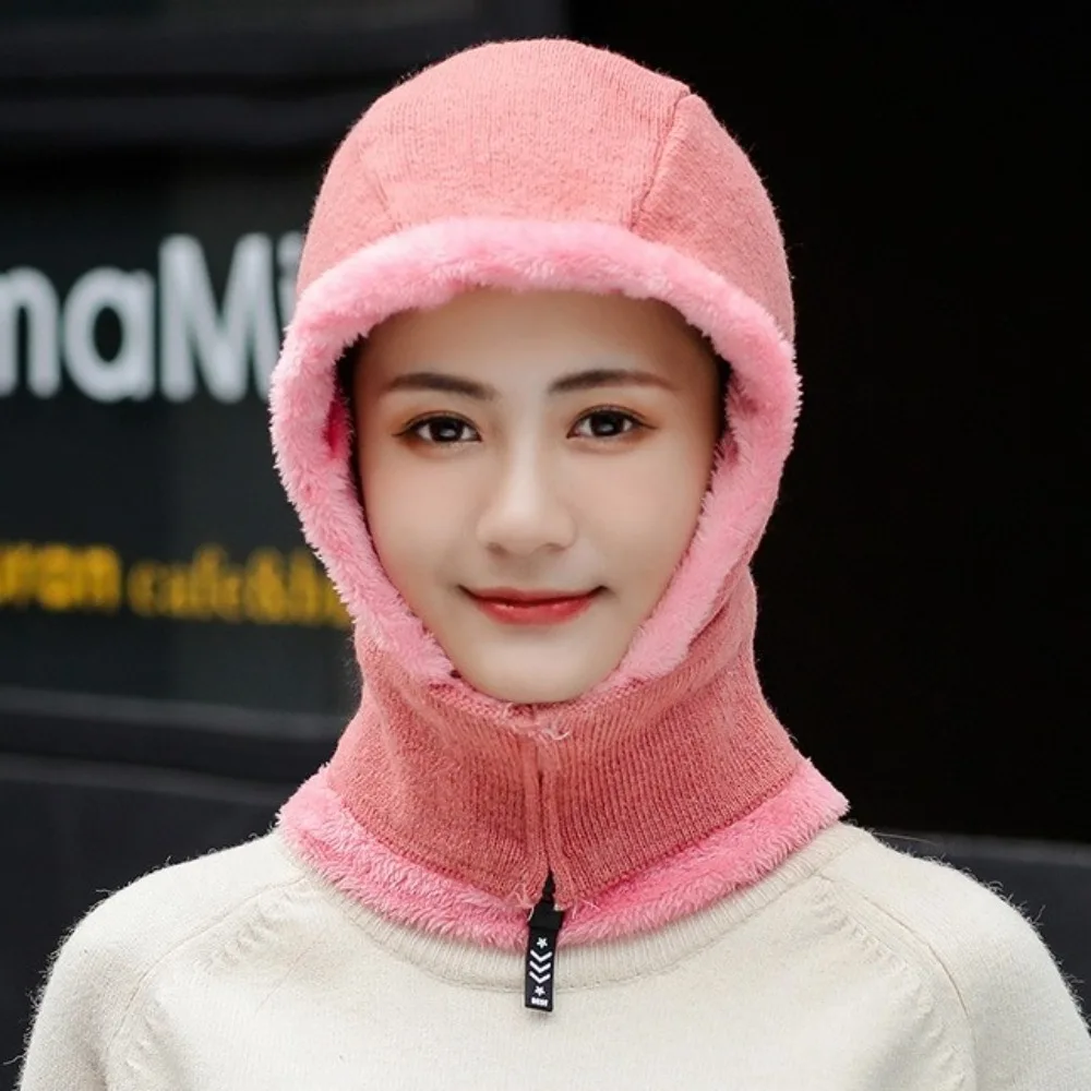 Simple Zipper Knitted Scarf Hat Thickened Elastic Hooded Thermal Cap Plush Windproof Knitted Balaclava Cap Autumn