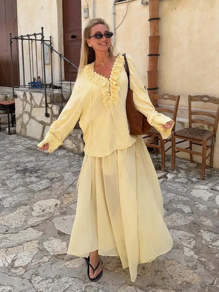 Butter Yellow Ruffled Long Skirt Suit Summer Women's Fashion Loose Lace-up V-neck Shirts Sets 2025 Lady Holiday Street Outfits