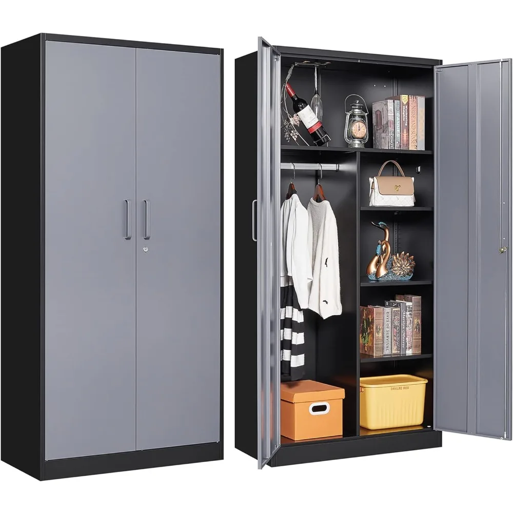 Wardrobe Closet with Lock Door, with Lock Door, Black&Gray, 72'' Clothing Coat Steel Storage Freestanding Wardrobe