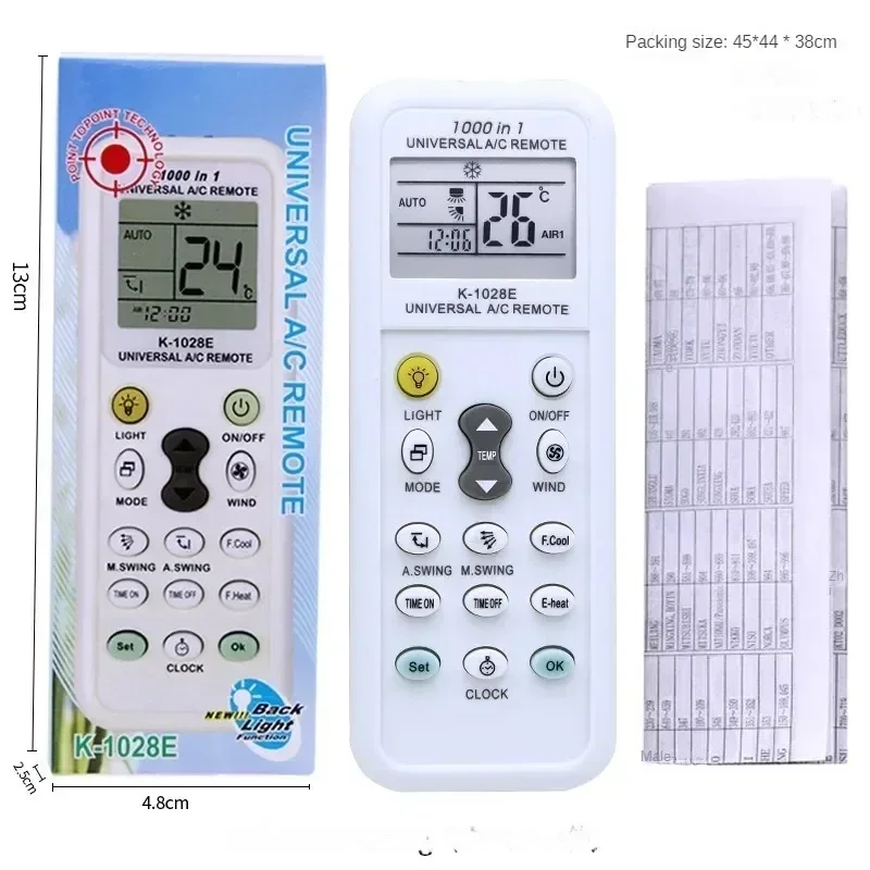 K-1028E 1000-in-1 Universal AC Remote Control, LCD Display, One-Click Setup for All Mainstream Air Conditioner Brands (12V)