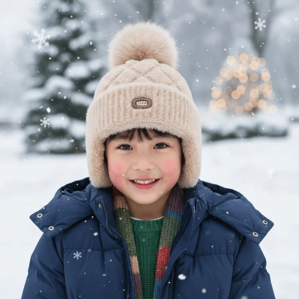 Double Pompon Kids Winter Hat Solid Color Thick Yarn Toddler Earflap Beanie Leather Patch Elastic Weave Children Knitted Cap