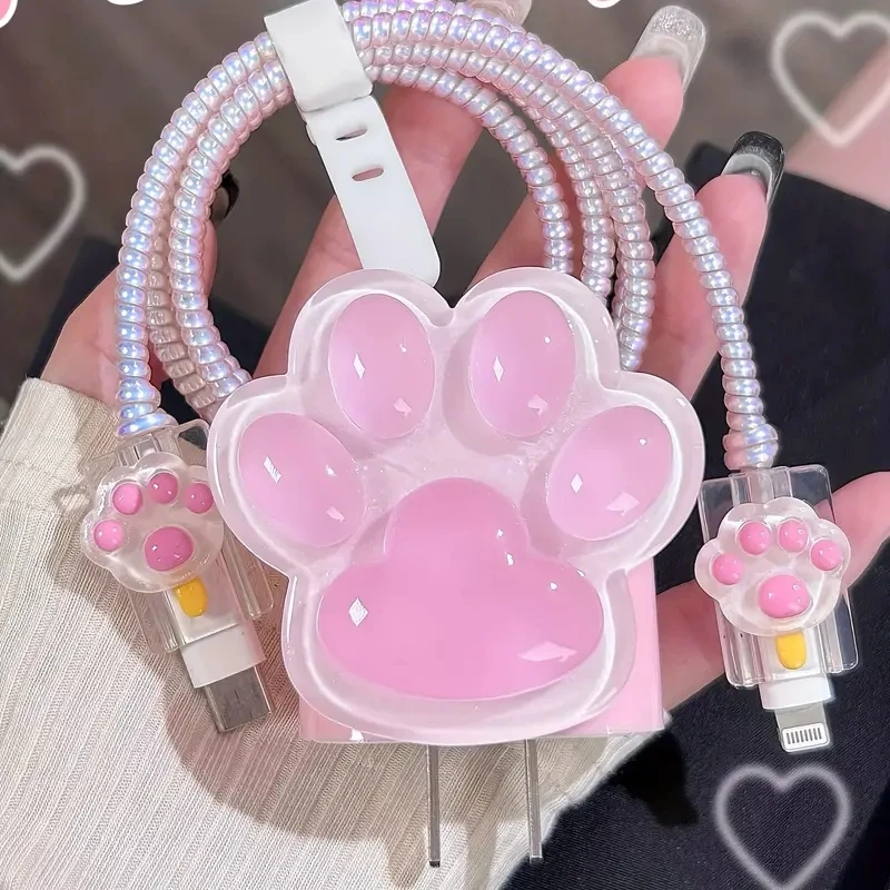 Cute 3D Pink Cat Paw Charger Protector For IPhone 15 14 13 18W 20W Original Charger Data Line Spiral Winder Protective Sleever