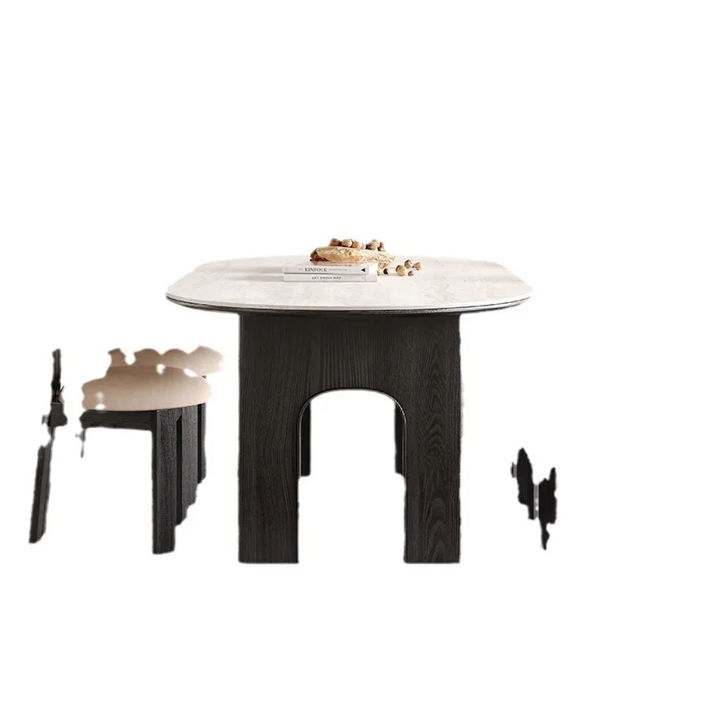 

Solid wood French retro ash wood dining table high-grade travertine rock slab small apartment household oval b