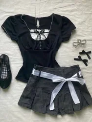 Sweet Lace-up Tees Korean Short Sleeve Black Tshirts Elegant Women Sets Ballet High Waist Cake Bow Skirts A-line Y2k Two Piece