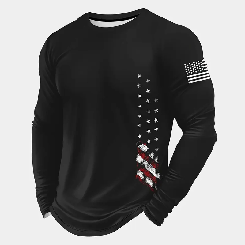 

Spring And Autumn Casual Breathable 3D Printing Polyester Men's T-shirt American Flag Graphic Tees Basic Sports Long Sleeve Tops