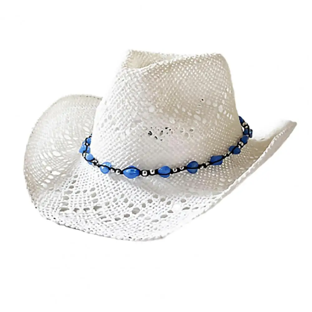 Summer Straw Hat Hollow Out Foldable Adjustable Bead Decor Curled Edge Windproof Strap Western Cowboy Style Bucket Hat