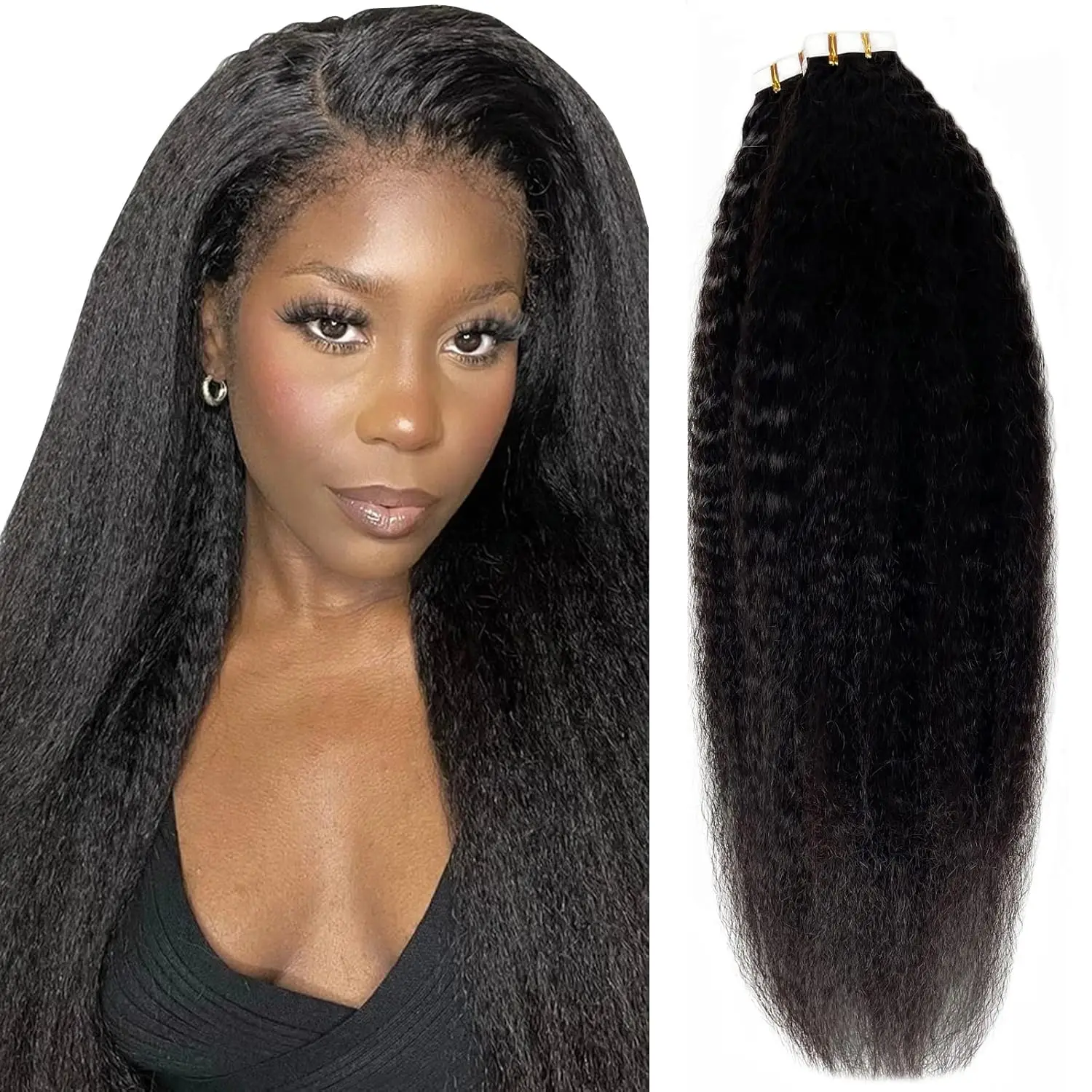 

Invisible Kinky Straight Tape In Human Hair Extensions For Black Women 100% Remy Hair Adhesive 16-26Inch Remy Hair Natural Black