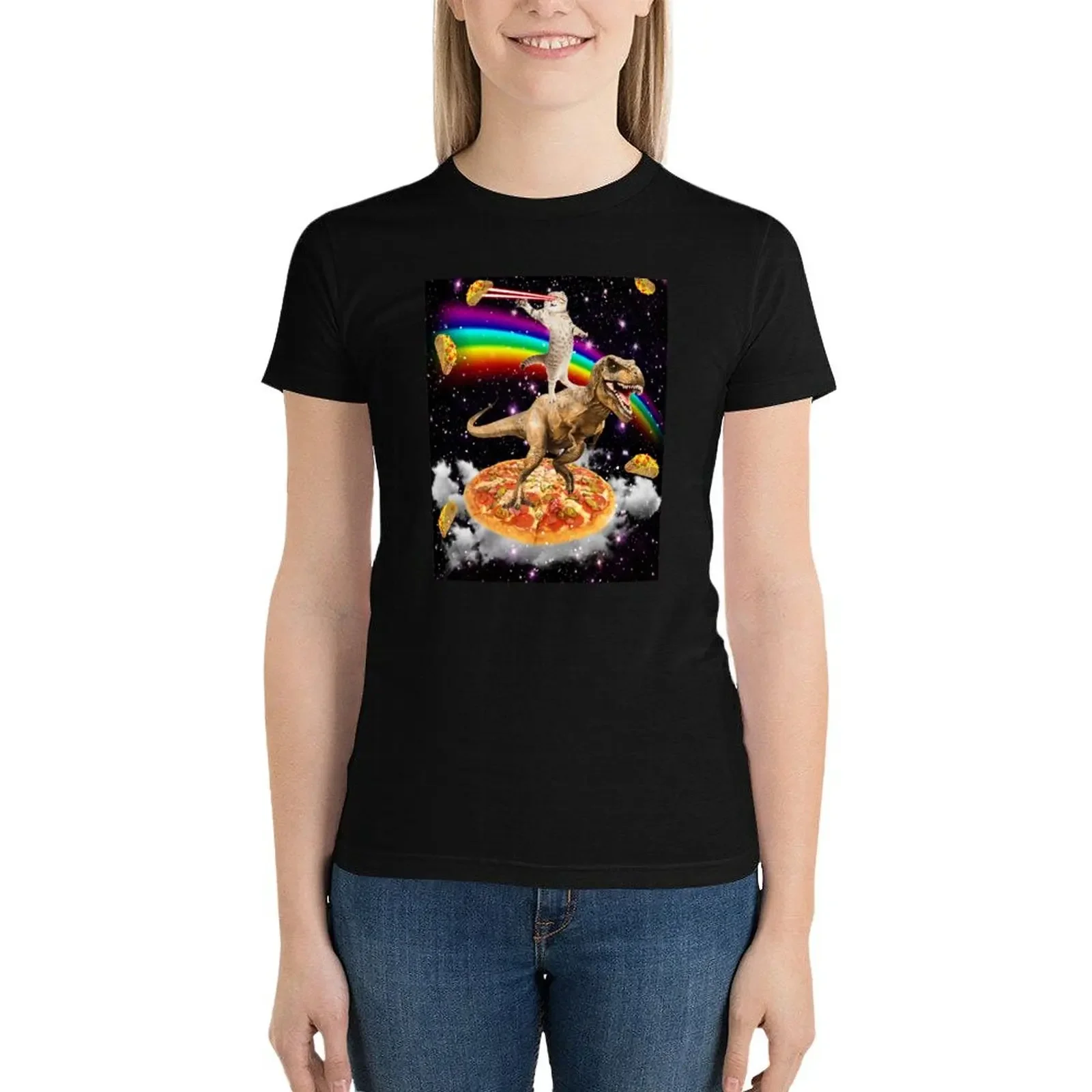 Galaxy Laser Eye Cat on Dinosaur on Pizza with Tacos & Rainbow T-Shirt korean fashion Female clothing Women t shirt