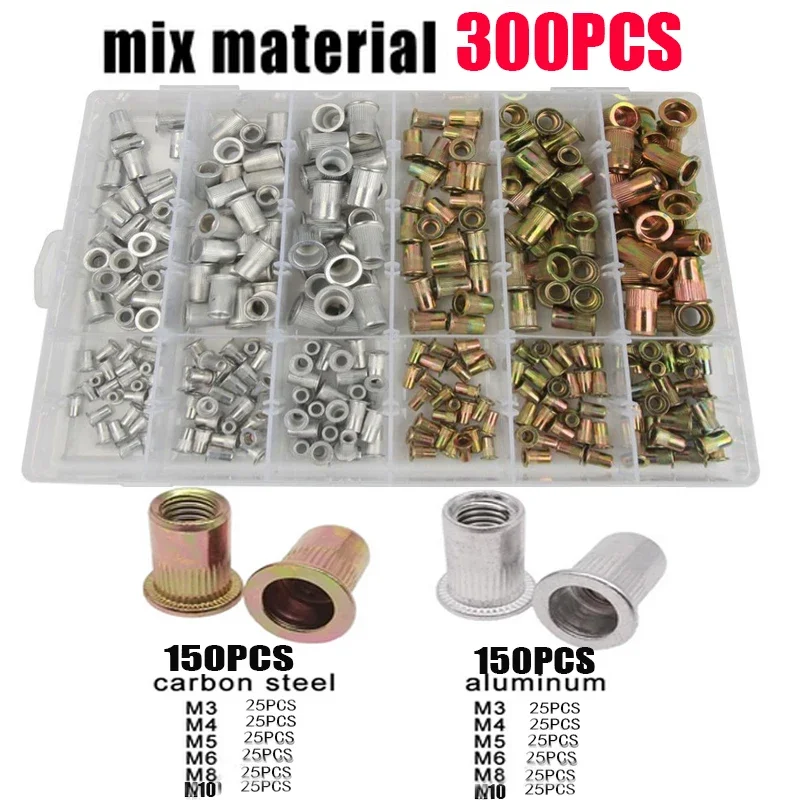 100/150/300pcs Box M3 M4 M5 M6 M8 M10 Flat Head Rivet Nuts Rivnut Set Assortment Kit 304 Stainless Steel Carbon Steel Aluminum