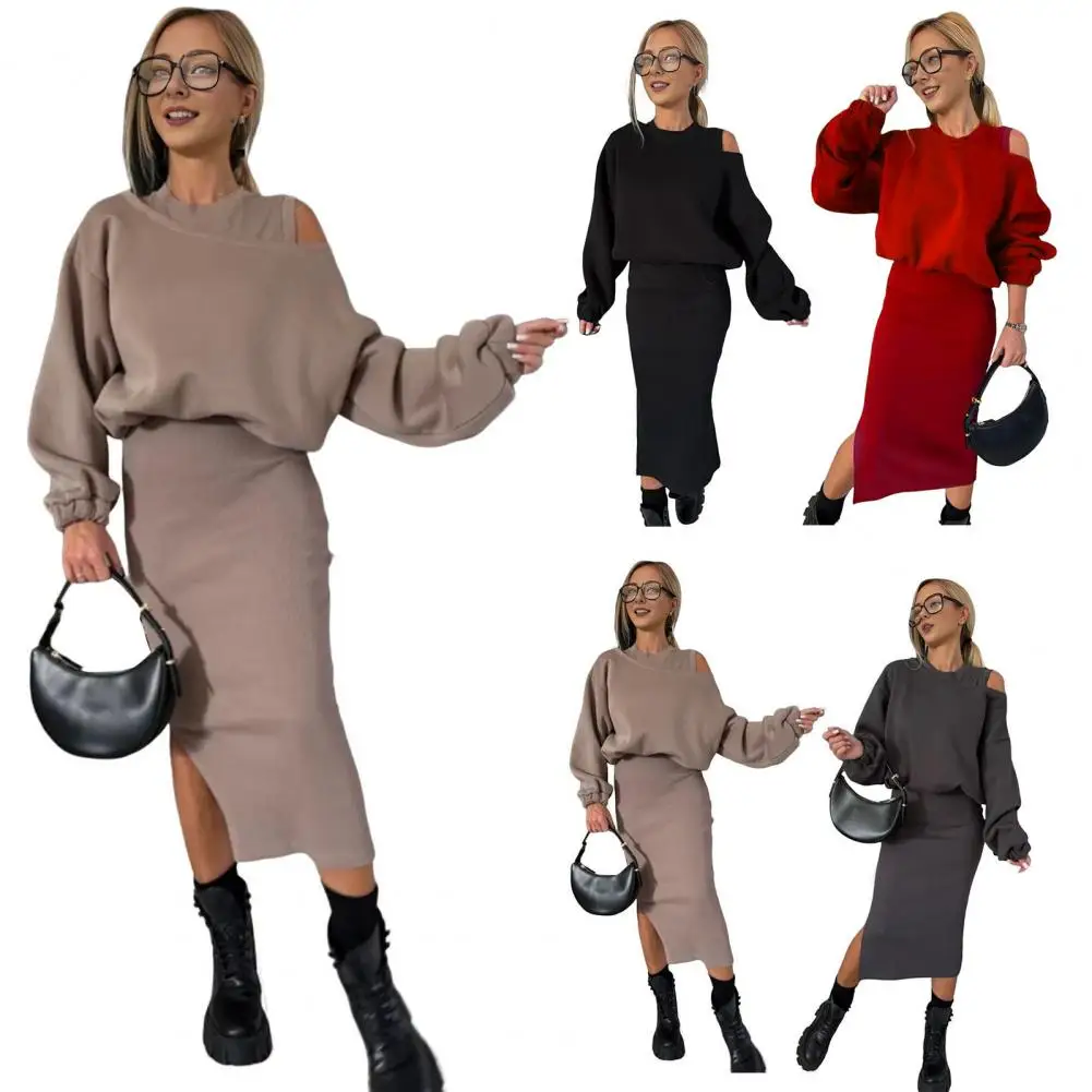 

Short Sweatshirt Dress Set Women's Bat Sleeve Sweatshirt Dress Set with Slit Hem Midi Dress Casual Winter Outfit for Commuting