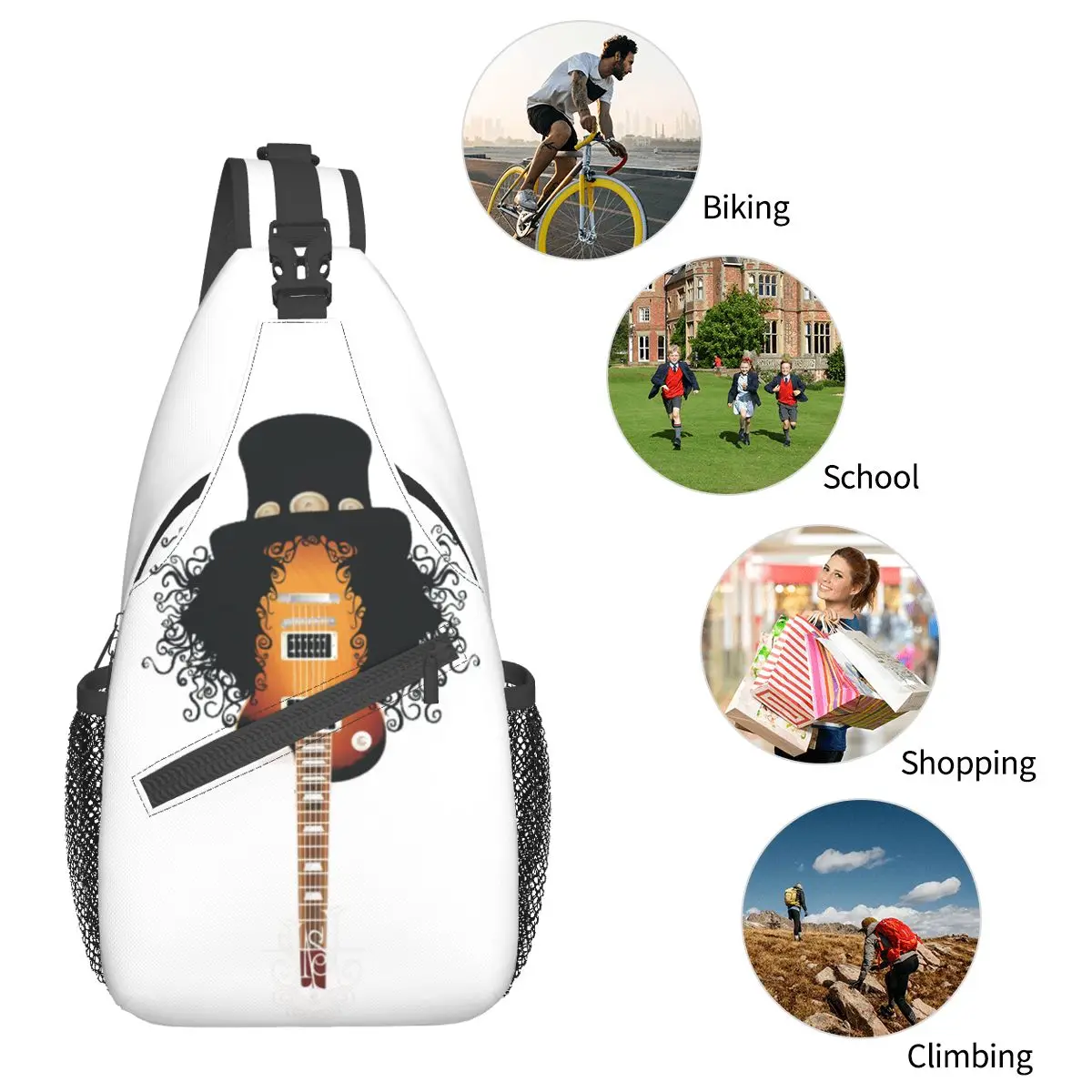 Funny Slash Guitar Rock Crossbody Sling Bag Small Chest Bag Gun N Roses Shoulder Backpack Daypack for Travel Hiking Cycling Pack