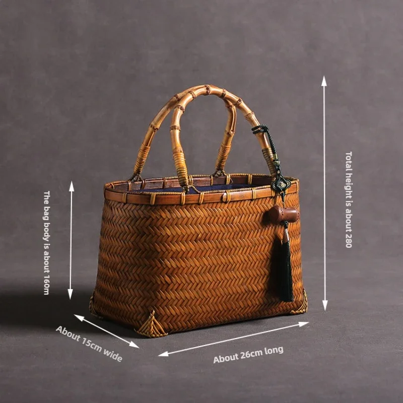 Retro Premium Woven Bag Tableware Storage Bundle Mouth Lining Style Handheld Basket Bamboo Women Bento Handle Organizer Pouch