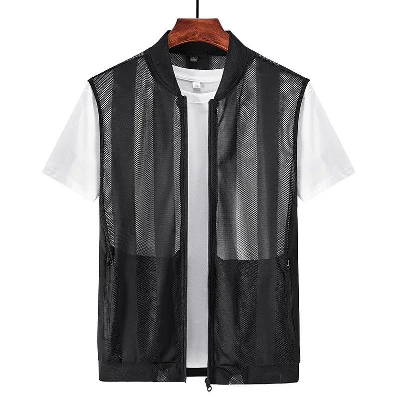 Tough Guy Men's Summer Mesh Stand Collar Vest, Lightweight And Breathable, Openwork Multi-Pocket Backless Vest