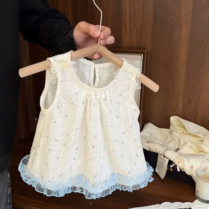Summer Girls Sleeveless Doll Top 2026 Delicate Lace and Mesh Splicing Stylish and Lovely Loose Comfortable Cut Kids