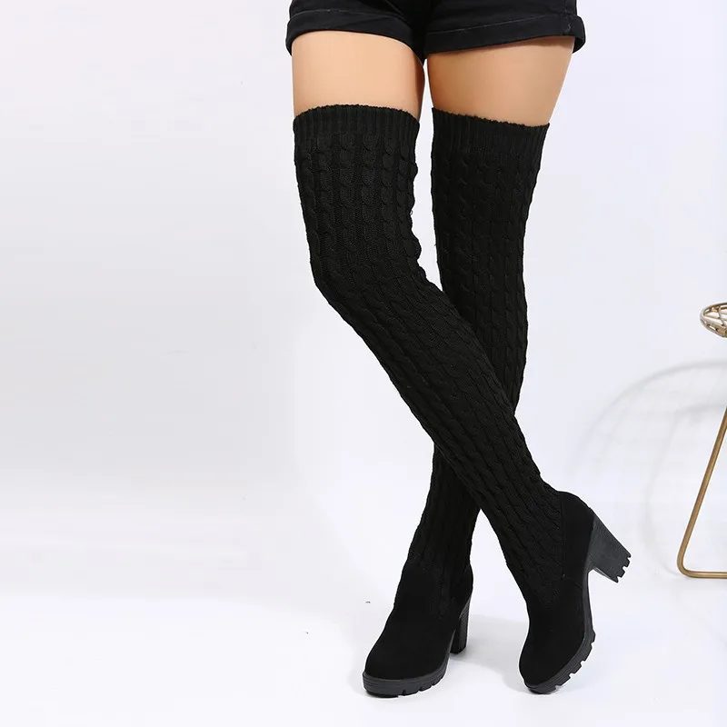 Women's Platform Boots 2024 Autumn/Winter Breathable Wool Stockings Women's Long Boots Elastic Round Socks Boots Plus Size