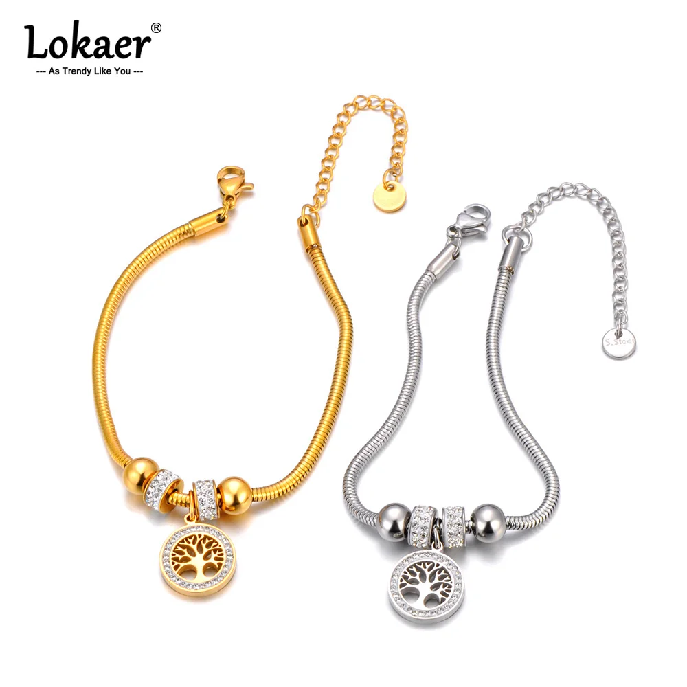 Lokaer wodoodporna moda drzewo życia i serce Charm bransoletka 18K pozłacana stal nierdzewna Rhinestone Jewekry dla kobiet B24053