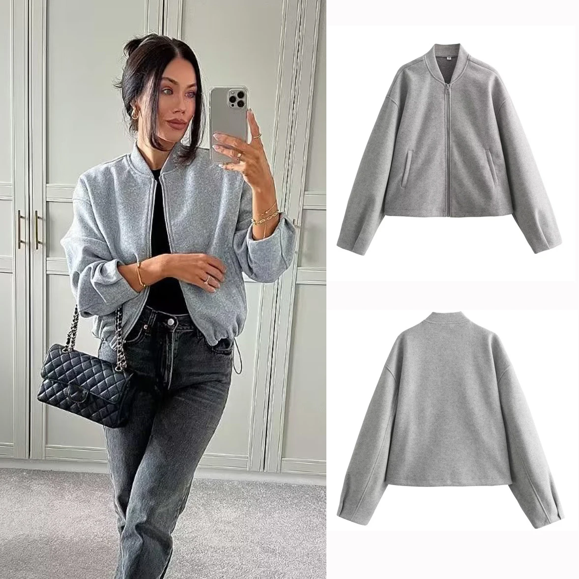 

Gray Bomber Jacket Coat Women Casual Classic Elegant Zipper Long Sleeve Overcoat Female Casual Loose Coat 2025 New Autumn Winter