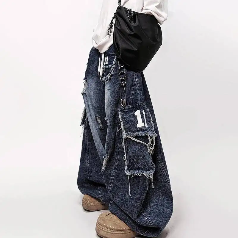 LUZHEN 2026 New Original Wornout Broken Hole Patched Multi Pockets Design Baggy Jeans Men's Fashion Street Denim Pants JY6729