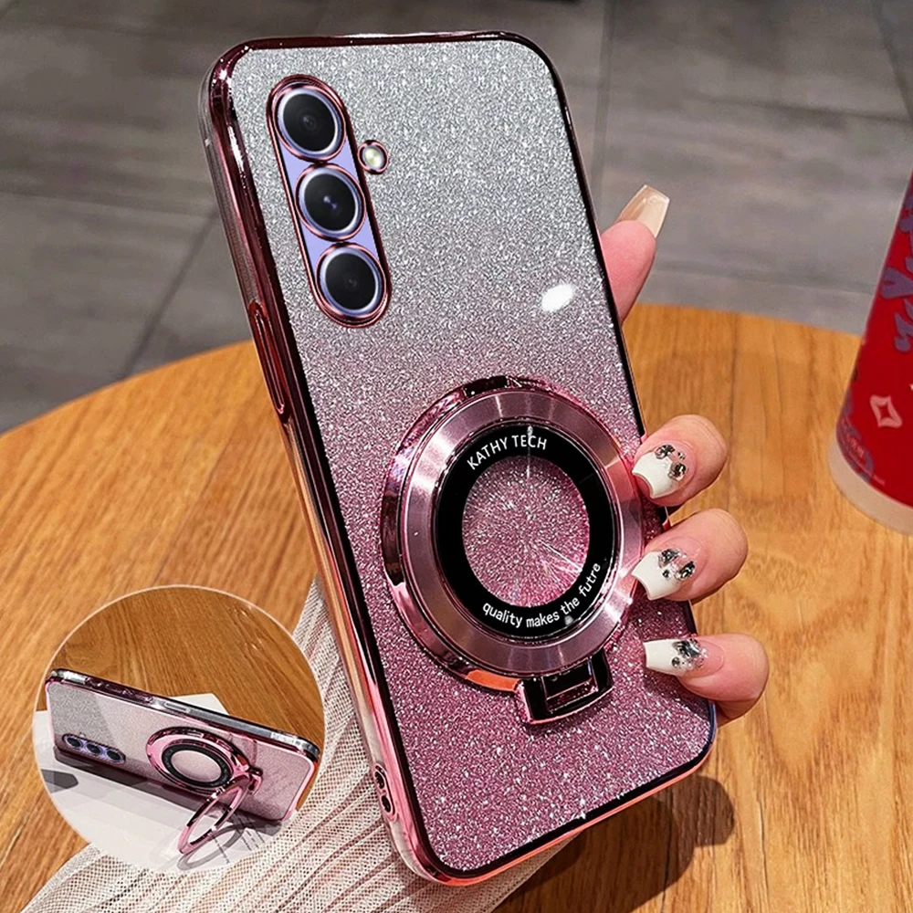 Glitter Plating Magnetic Bracket Case For Samsung Galaxy A16 A06 A55 A15 A25 A35 A05 A05S A54 A24 A34 A14 A04 Stand Soft Cover