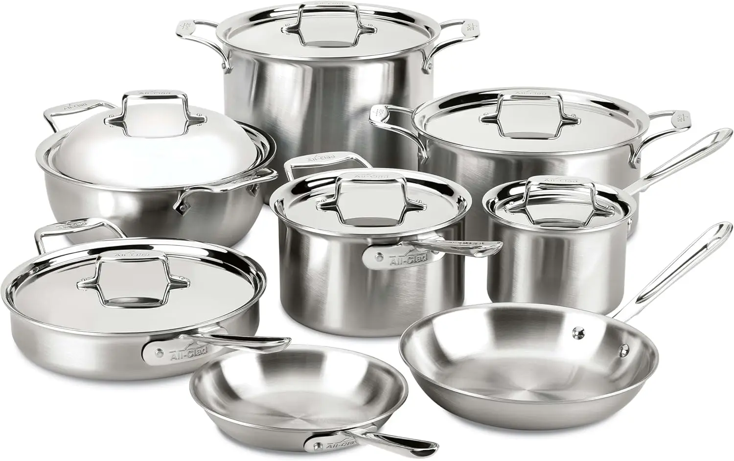 5-Ply Brushed Stainless Steel Cookware Set 14 Piece Induction Oven Broiler Safe 600F Pots and Pans Silver