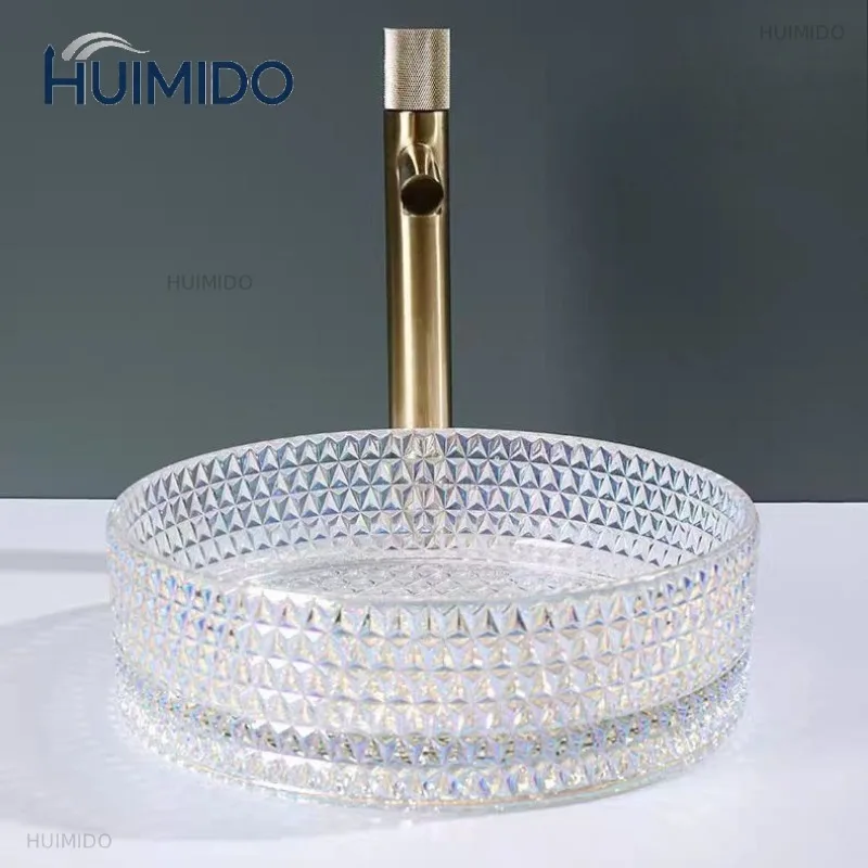 Countertop Bathroom Sinks Household Durable Beautiful Round Glass Face Basin Single Hole Practical Kitchen Bathroom Supplies