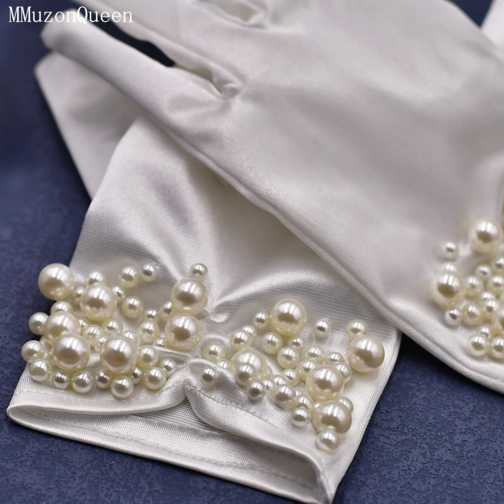 MMQ MM13 sarung tangan mutiara Satin sarung tangan panjang pergelangan tangan sarung tangan pengantin penuh gaun wanita aksesori elegan diycustomized