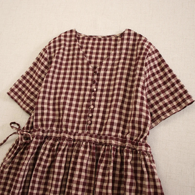 Summer Japanese Mori Girl Vintage Plaid Cotton Dress Women V-neck Short Sleeve Casual Loose Drawstring Waist A-line Midi Dresses