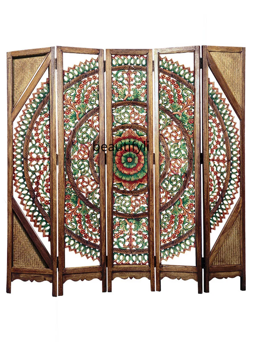 

Wood Carved Mobile Accordion Partition Living Room Hallway Decoration Partition Retro Folding Screen