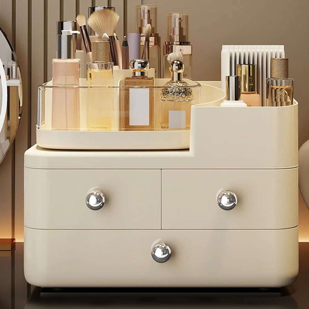 

360° Rotating Dustproof Makeup Organizer Large Capacity Space-Saving Cosmetic Display Case Cream Series with Drawers
