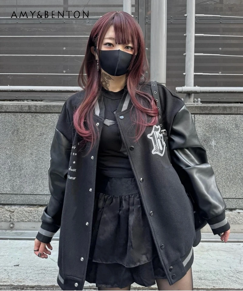 

Японская бейсбольная куртка Harajuku Dark Gothic Cross в стиле пэчворк с кожаными рукавами из искусственной шерсти, свободная куртка High Street Subculture, топ