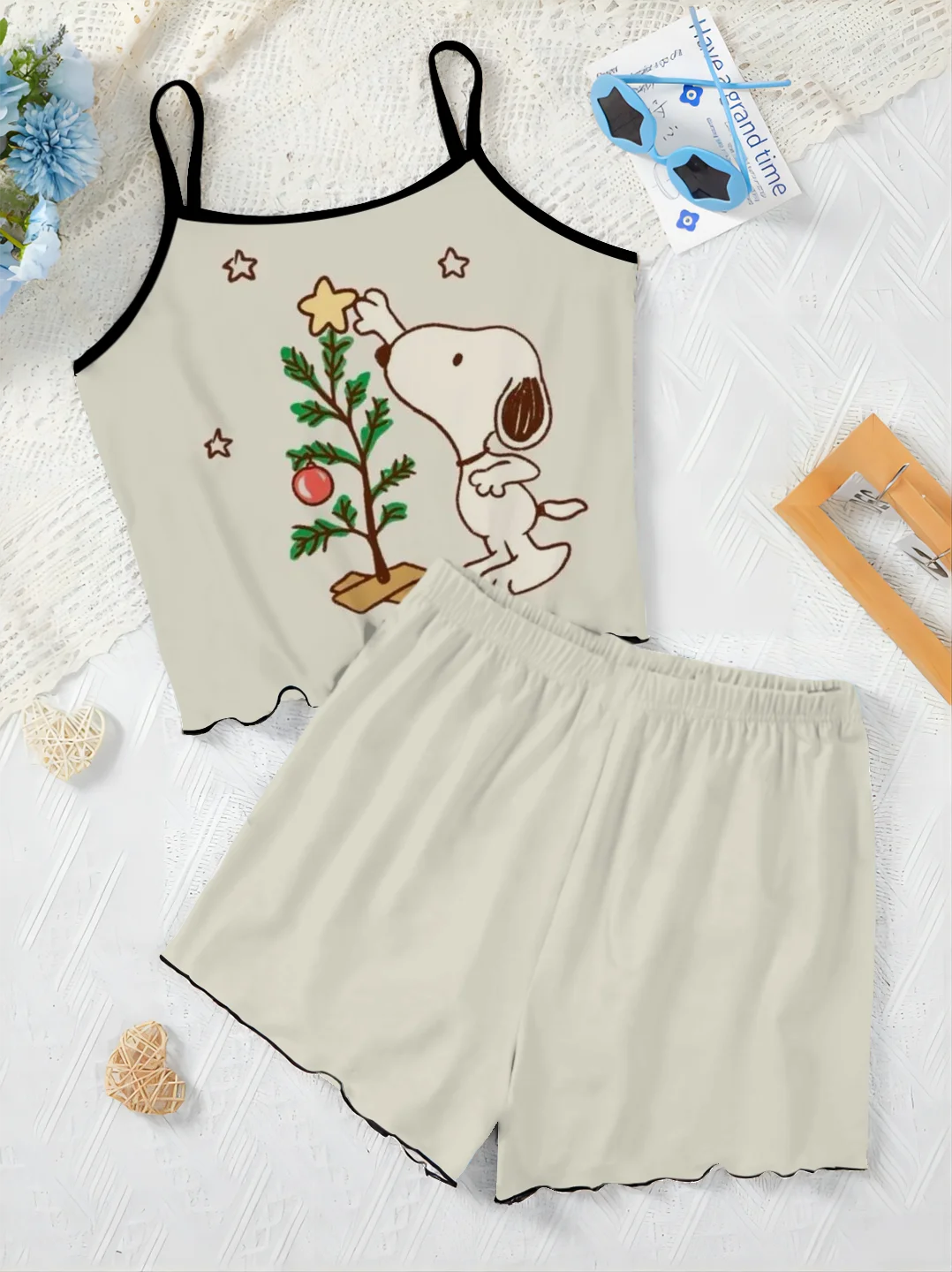 Kurze Sets für Frauen 2 Stück Damen anzug Pyjama Rock Salat besatz Snoopy Top T-Shirt Slip Kleid elegante Hose Set Frau Chic