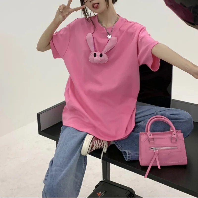 

Pure Cotton Women's 2024 Pullover Round Neck Patchwork Bunny Solid Color Fashionable Slim Fit Short Short Sleeved T-shirt Tops