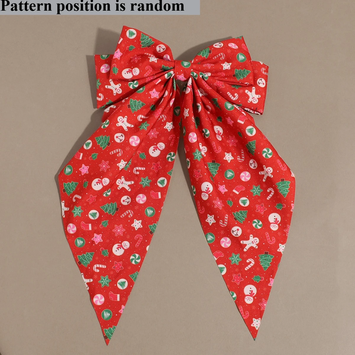 Weihnachts-Haarspangen mit doppellagiger Schleife für Weihnachtsmann und Schneemann – bedruckter Urlaubs-Haarschmuck mit roter und gestreifter Schleife aus Stoff – Detail 7