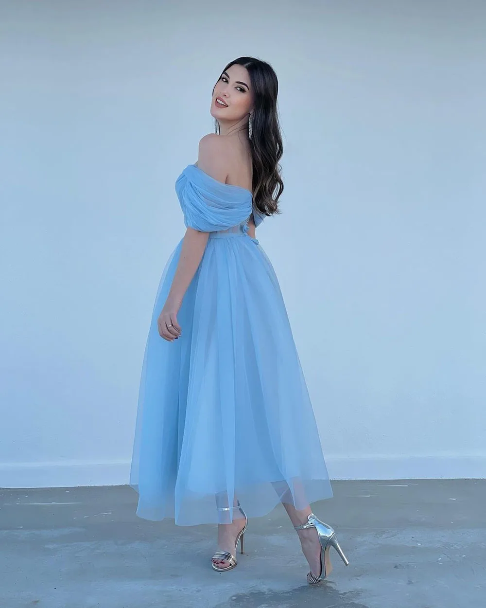 Msikoods Simple Blue Tulle A Line Long Prom Dresses 2023 Sweetheart Off The Shouder Formal Dress Party Evning Gowns