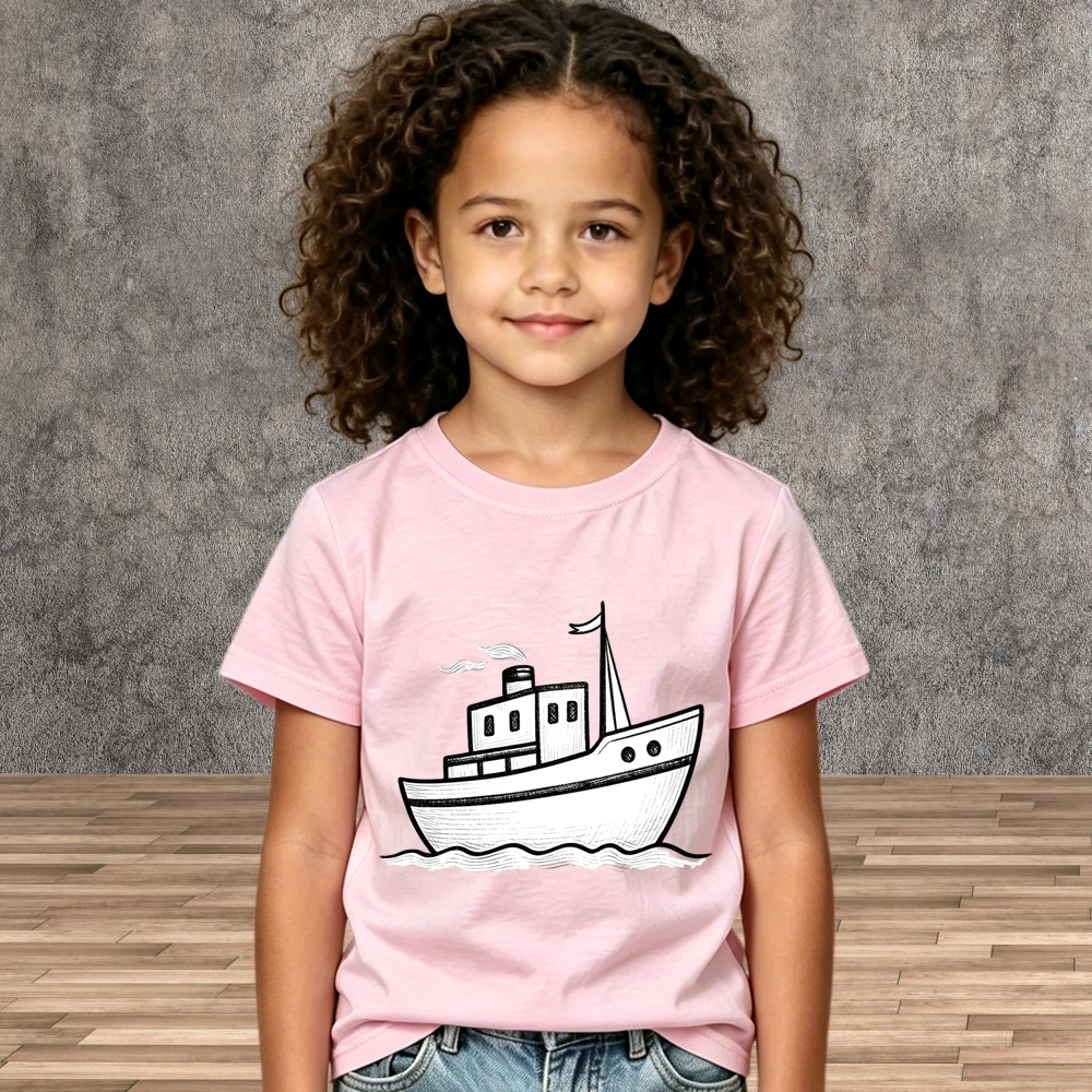 Crew Neck Soft Short Sleeve Cotton Tops Cartoon Ship Print T-Shirt Summer Toddler Boys Girls Tees