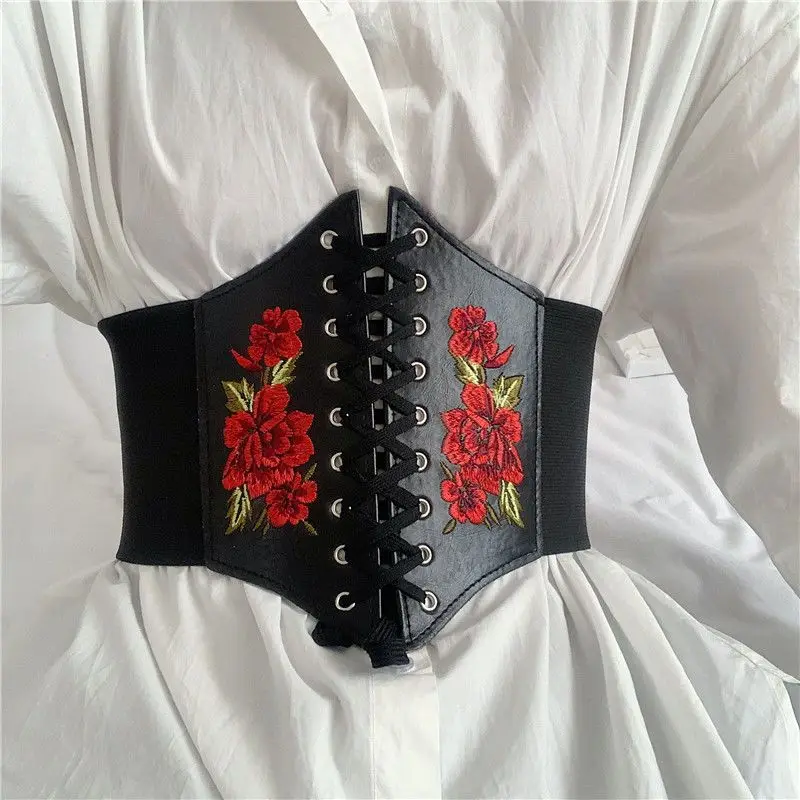 Ceinture brodée rose avec jupe pour femme, ceinture large, ceinture élastique, décoration rétro française, noir à la mode