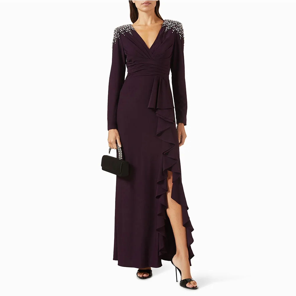 

V Neck Evening Dress For Women Dark Burgundy Formal Party Dress Floor Length Prom Dress Long Sleeves Ruffles Beading Saudi Dress