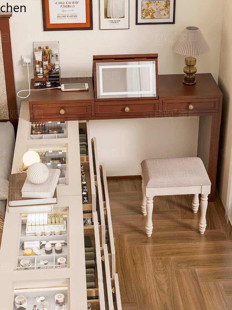 HT Vintage Style Solid Wood Dressing Table Bedroom Makeup Table with Chest of Drawers Integrated Semi-Enclosed Bedside Cabinet