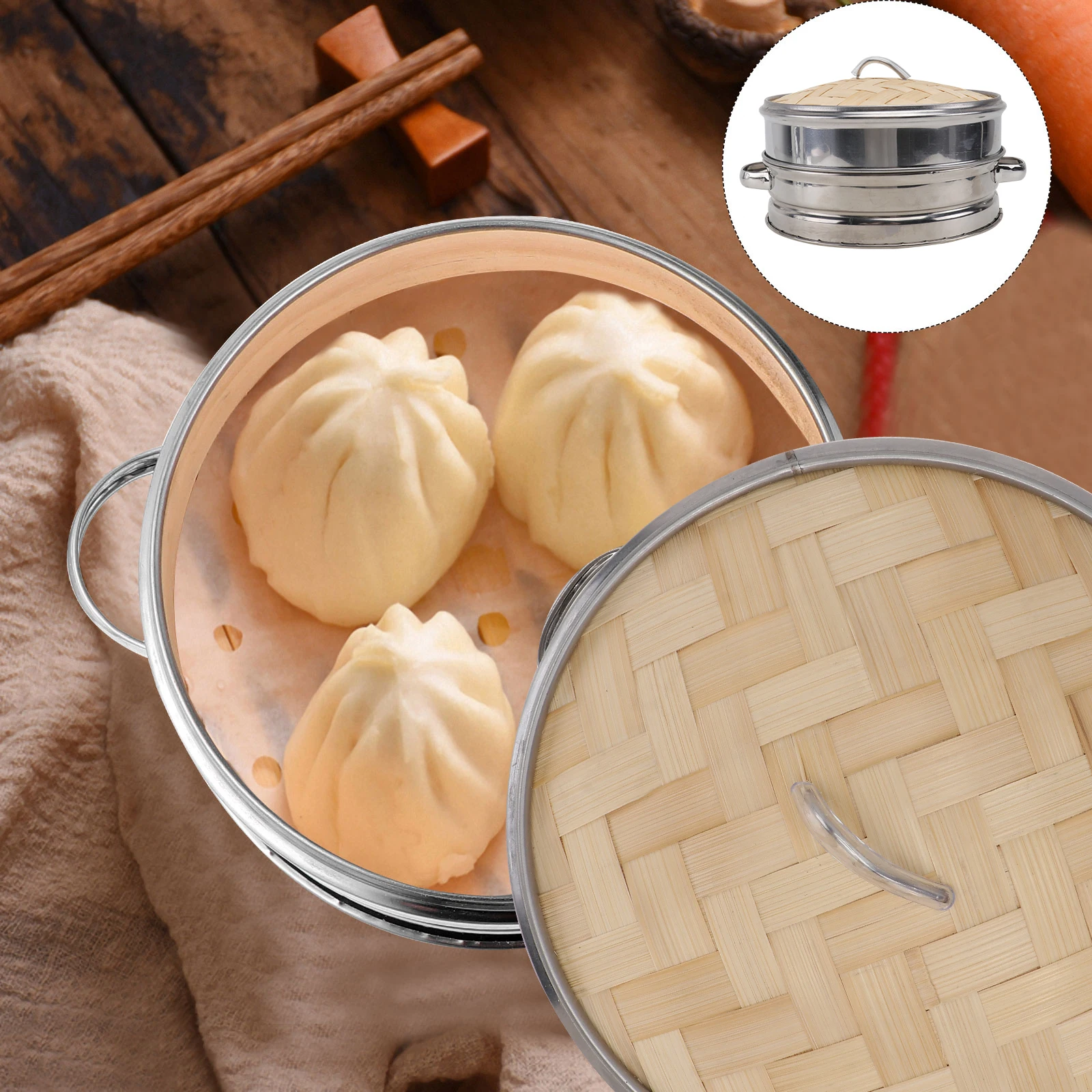 

1 set Double-Eared Bamboo Steamer Cage Premium Reusable Kitchen Supplies Lid Bun Dumpling Vegetable Cooking Dustproof